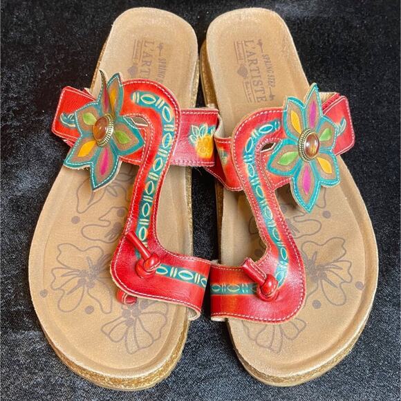 L’Artiste Spring Step Women’s 42 US 11 Red Green Leather Floral Thong Sandals - Picture 2 of 8